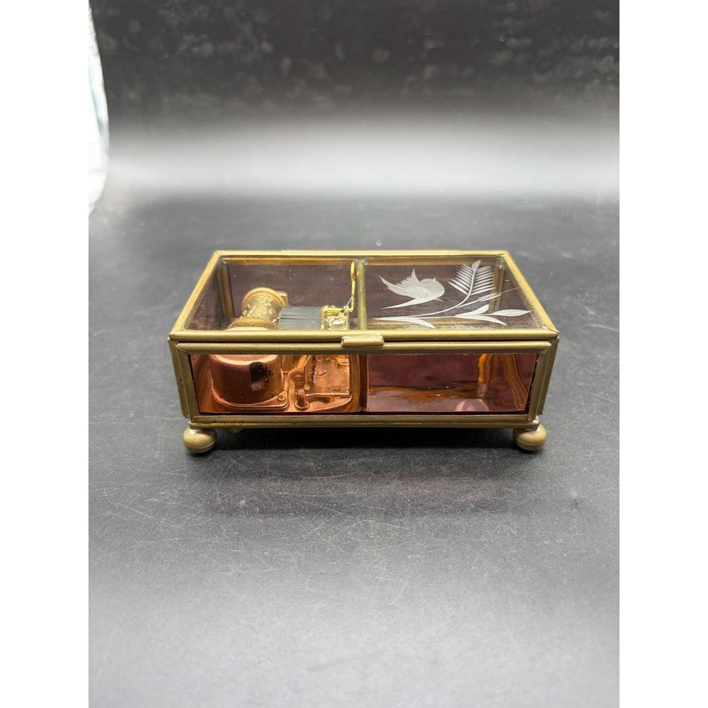 Vintage Sankyo Glass Brass Music Box Etched Bird Pink Rose Send in the Clowns